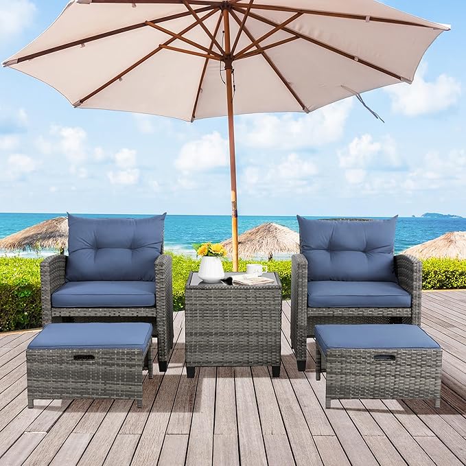 Vongrasig 5 Piece Patio Furniture Set, Small Balcony Furniture, PE Wicker Rattan Patio Chairs Set of 2, Outdoor Lounge Chairs with Cushions Ottomans &Glass Table for Porch Garden(Navy Blue)