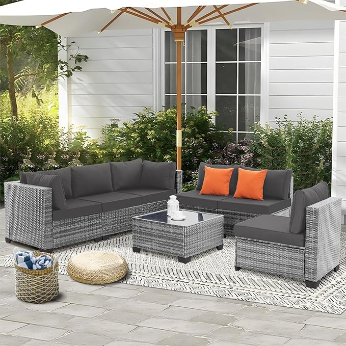 FHFO 7 Piece Outdoor Wicker Patio Furniture Set, Rattan Sectional Sofa Couch, Patio Conversation Set with Cushion & Coffee Table, for Backyard Poolside Porch Garden, Grey-Grey