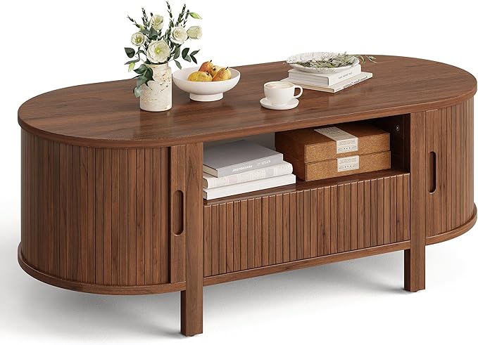 47" Oval Coffee Table, Tambour Design Coffee Tables for Living Room, Mid Century Modern Wood Coffee Table, 3-Tier Accent Center Table with Storage, Large Drawer, Walnut