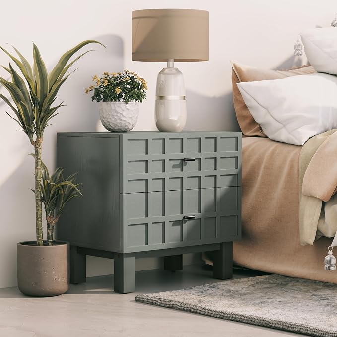 Aoikax Modern 2 Drawer Nightstand with Grid Carved Pine Front, Minimalist End Table Bedside Table with Metal Base for Bedroom, Ash Veneered Top, Metal Legs, Light Green - Image 7