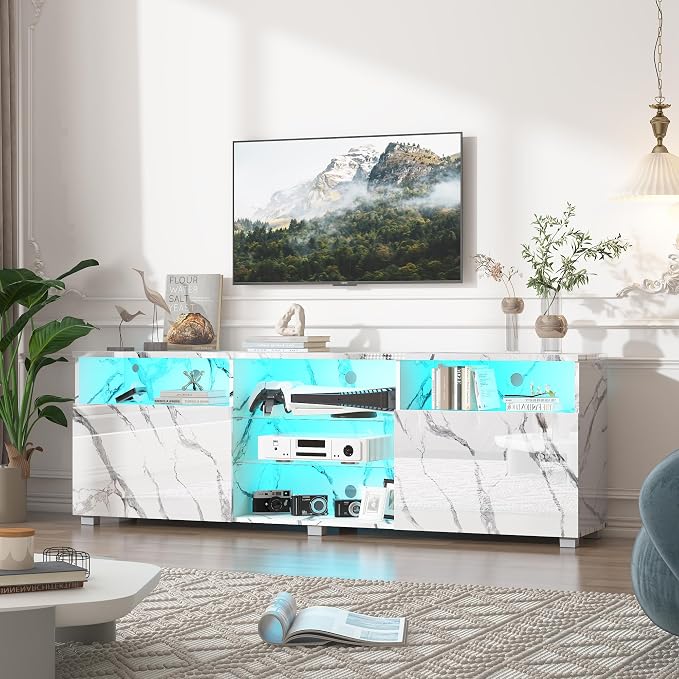 Hlivelood 70" Large LED TV Stand for 65/70/75Inch TV, High Glossy White TV Stand for Living Room,Modern Gaming TV Entertainment Center with Adjustable Storage Shelf,TV Console(White Marble) - Image 6
