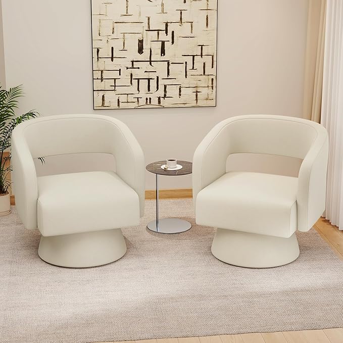 Nebuaegis Swivel Accent Chair Set of 4, Modern Comfy Chenille Barrel Chairs, Oversized Upholstered Round Arm Chair for Living Room, Bedroom, Reading Room, Beige