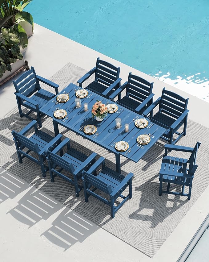 SERWALL 7-Piece Patio Dining Sets, 60" - 83" Expandable Outdoor Dining Table and 6 HDPE Chairs, All Weather HDPE Outdoor Furniture Set for Backyard, Garden, Blue - Image 8