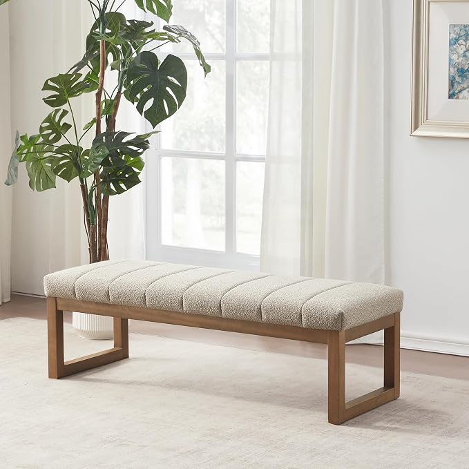 Zihanhome 52.7" Bedroom Bench for End of Bed, Modern Upholstered Teddy Fabric Entryway Bench & Dining Bench, Footrest Stool Bench with Solid Wood Frame for Bedroom, Living Room (Camel) - Image 9