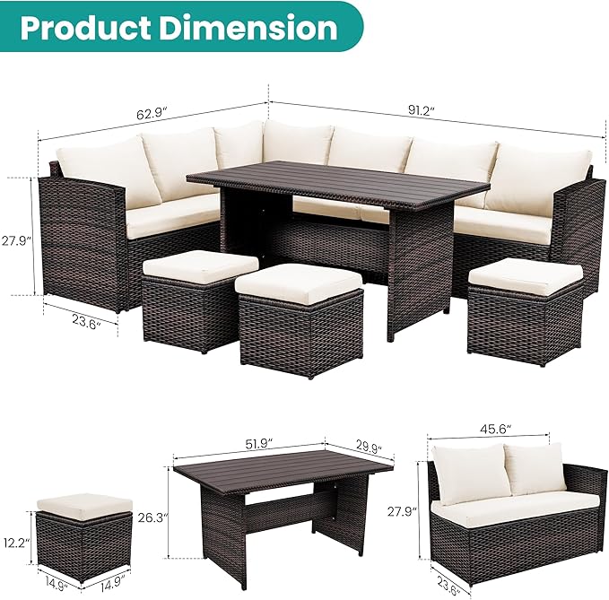 Patio Furniture Set, 7 Pieces Outdoor Patio Furniture with Dining Table&Chair, All Weather Wicker Conversation Set with Ottoman,Brown Rattan & Ivory Cushions (Include Sofa Dust Cover)