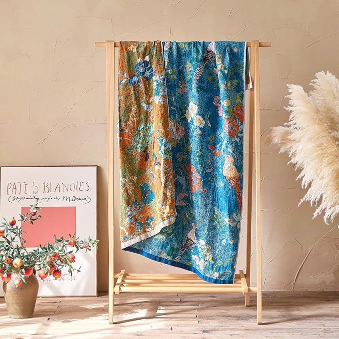 Boho Throw Blanket - 100% Cotton Ultra Soft Muslin Blanket, 60"x80" Lightweight Floral Bird Printed Framhouse Bedding Spring Blanket for Bed, All Season Blue Bohemian Bedroom Home Decor Quilt
