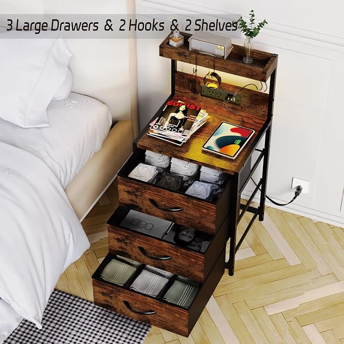 SZLHANJZ Nightstands Set of 2, End Table with LED Light and Charging Station Type C, 3 Drawers Storage Night Stand with Hooks, Tall Bed Side Table for Bedroom Dorm, Rustic Brown - Image 9