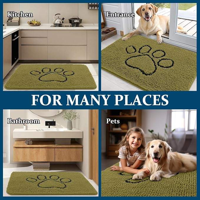 OLANLY Dog Door Mat for Muddy Paws 30x20, Paw Print Design, Absorbs Moisture and Dirt, Non-Slip Washable Doormat, Quick Dry Chenille Mud Mat for Dogs, Entry Indoor Entryway Carpet, Willow Green - Image 8