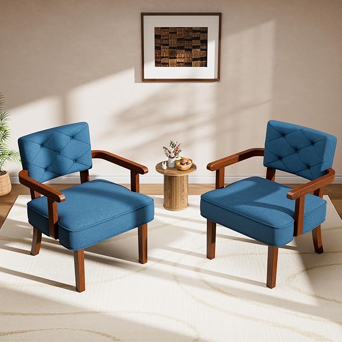 Wood Arm Chair,Upholstered Small Accent Chairs,Butacas para Sala,Mid Century Modern Accent Chair,Tufted Back, Armrest,Cushion, Side Chair for Office,Waiting/Reading/Living Room, Blue