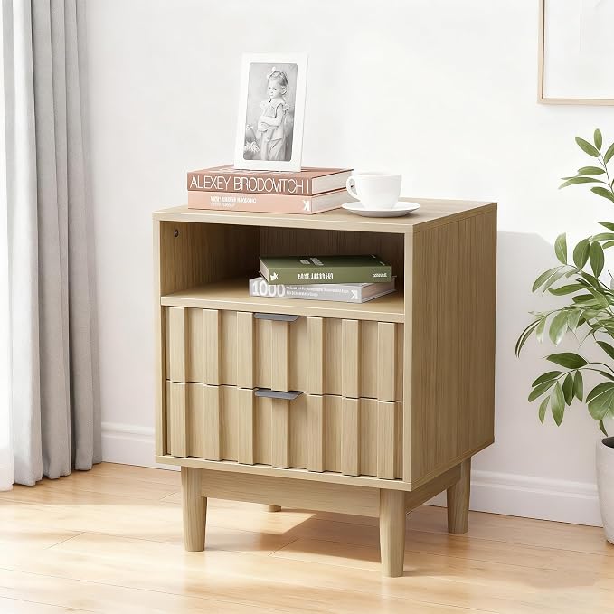 Fluted Nightstand Set of 2 with 2 Drawers, 19" Wide Night Stand with Solid Wood Legs, Open Storage Shelf, Mid Century Modern Wooden Bedside Table for Bedroom, Bed End Side Table, Oak - Image 9