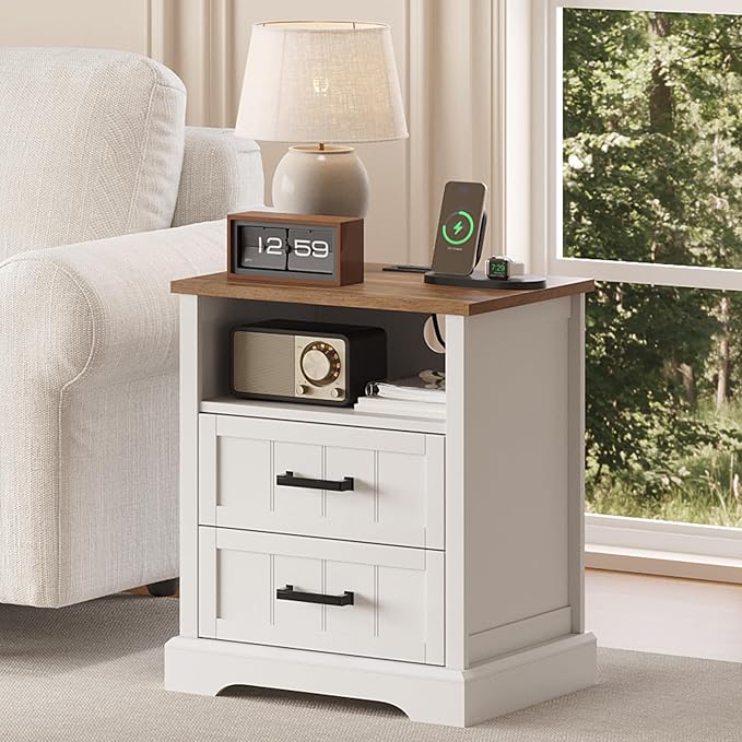ChooChoo Farmhouse Night Stands with Charging Station, Wood Nightstand Set of 2 with 2 Drawers, Bedside Table with Open Storage Shelf for Bedroom, White - Image 8
