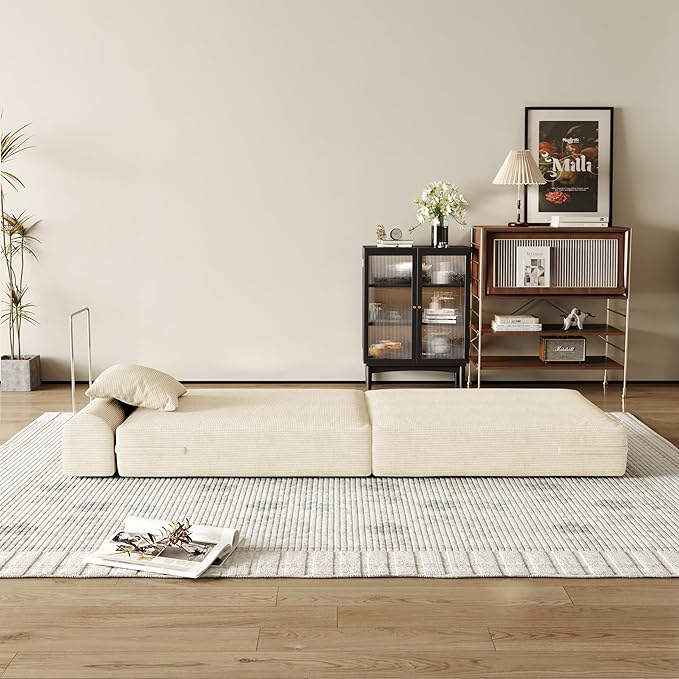 31.5'' Convertible Compressed Corduroy Folding Cloud Sofa Bed Set of 2, 2 Pieces Modern Boneless Pull Out Sleeper Sofa Couch, 3 in 1 Portable Lazy Floor Lounge Chair Set, No Assembly Needed, Beige