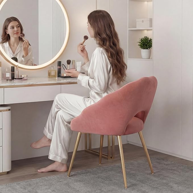 Modern Vanity Chair, Living Room Chair with Gold Metal Legs,Velvet Dining Chair, Comfy Accent Chair for Makeup Room, Waiting Room, Dressing Room, Bedroom, Dining Room, Home Office (1, Pink)