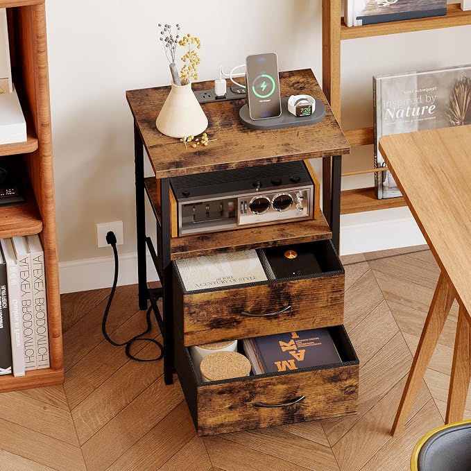 Fixwal Night Stand with Charger Station, Nightstand with Charging Station & Fabric Drawers,Rustic Brown - Image 8