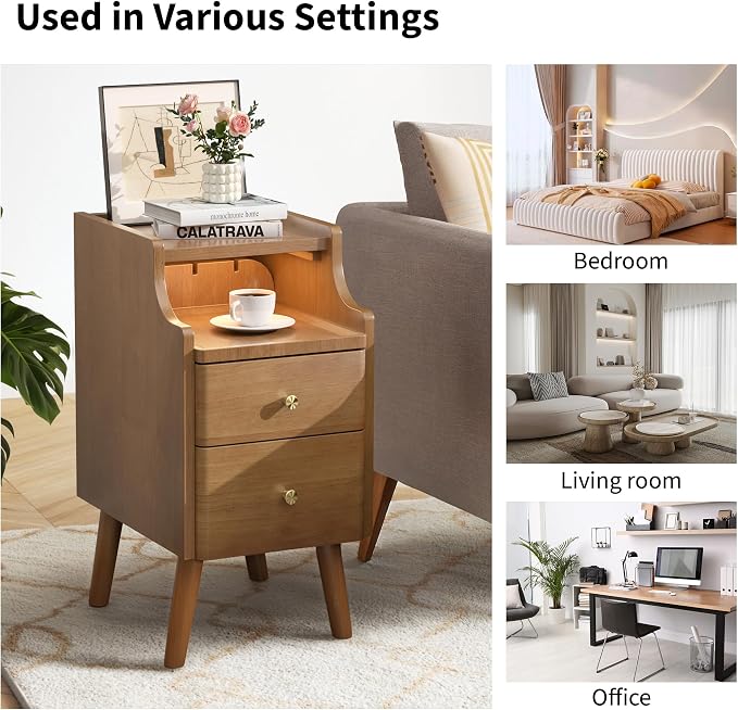 Narrow Nightstand Set of 2, Solid Wood Night Stand with 2 Drawers, Walnut Mid Century Modern Nightstand, Small Bedside Table with Open Storage Shelf for Bedroom (10 Inch) - Image 9