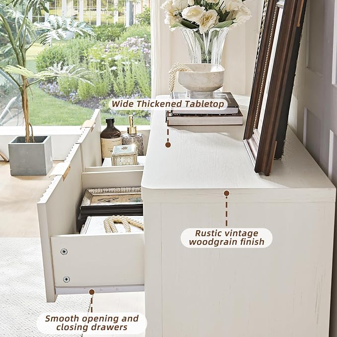 LEYAOYAO Fluted 6 Drawers Dresser Set of 2, 48" Wide Modern Chest of Drawers with Wood Grain Top, Curved Profile Design, Dresser TV Stand, Wooden Drawer Organizer for Bedroom, Living Room, White - Image 9