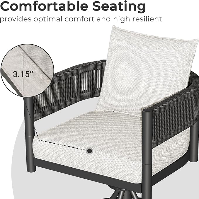 Grand patio 5-Piece Outdoor Dining Set for 4, Metal Woven Wicker Swivel Patio Chairs with Thickened Cushions & 1 Square Woodgrain Dining Table with Umbrella Hole for Backyard Deck (Black) - Image 7