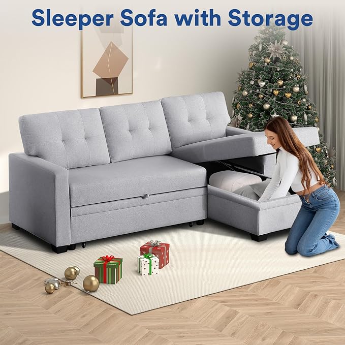 Rovibek 82" Convertible Sofa Bed Couch with Storage - 4 in 1 L Shaped Sofa with Pull Out Couch Bed for Living Room, Apartment, Office, Small Spaces, Light Grey