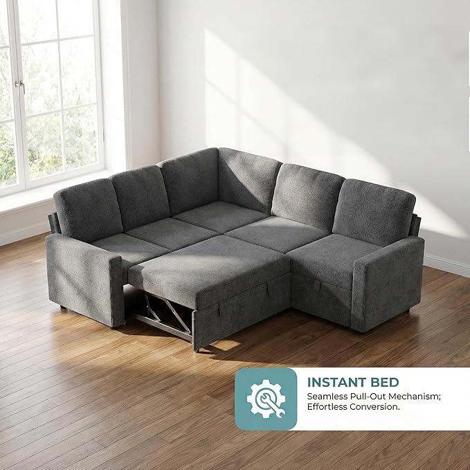 5-Seater Large Sectional Couch with Pull Out Bed, L Shaped Chenille Sofa with Storage, Convertible Modular Sofa, for Living Room, Apartment, Gray