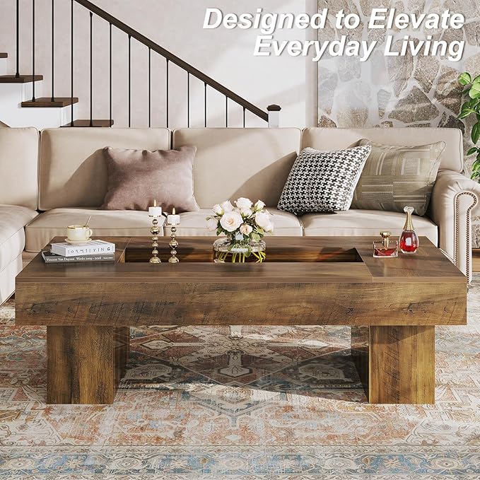 LVB Coffee Table, Modern Wood Led Living Room Table with Storage, Farmhouse Large Rectangle Center Table with LED Light, Unique Wide Low Tea Table for Living Room Home Office, 47.24 in, Rustic Oak
