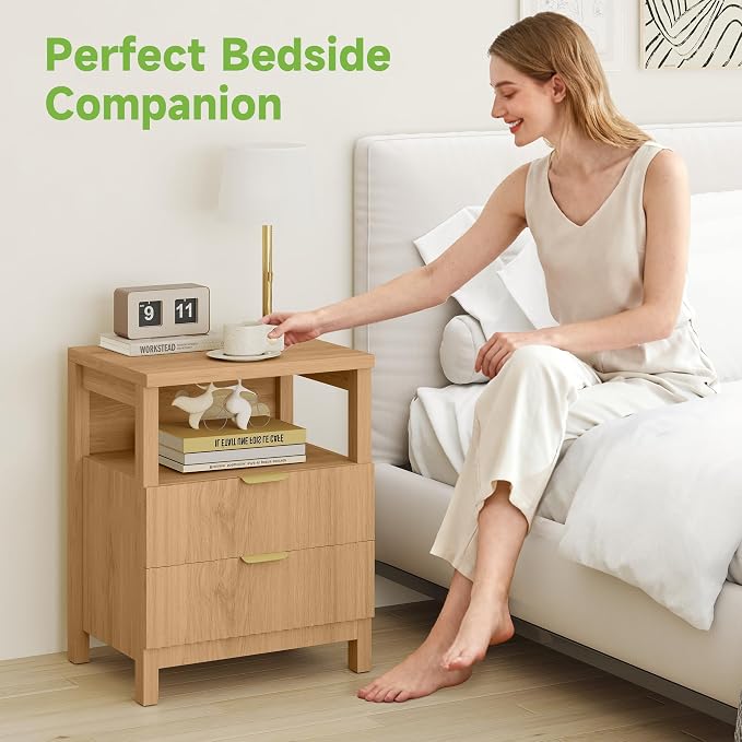 Real Relax Fluted Nightstand with Charging Station (2 Drawers) - Storage for Bedroom & Study, Small Home Side Table, Oak - Image 7