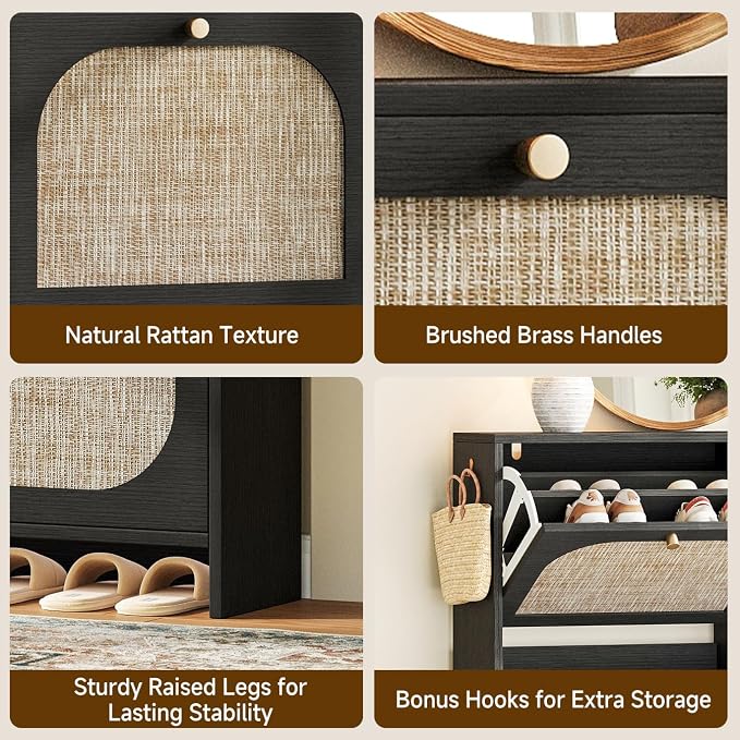 Nicetree Shoe Storage Cabinet for Entryway, Rattan Vintage Flip Shoe Rack- 4 Flip Drawers & 3-Tier Adjustable Shelves,Boho Shoe Organizer for 28-36 Pairs - Fits Size 12 Boots, 9.5" Ultra Slim - Image 7
