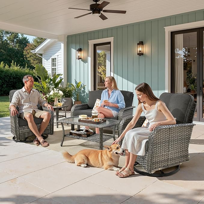 weaxty 5 Pieces Wicker Patio Furniture Set, High Back Swivel Rocker Chairs Outdoor Loveseat Sofa and Rattan Coffee Table, Outdoor Conversation Sets for Porch Deck Backyard Poolside, Black