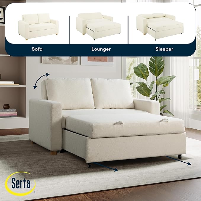 Serta Tulsa 66.1" Convertible Sleeper Loveseat, Full Size, Dreamcoil Comfort, FingerGuard Pinch Point Protection, Boucle Fabric, Ivory