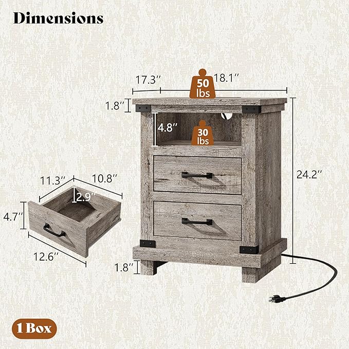 AMERLIFE 5 Pieces Farmhouse Bedroom Set, Includes Rustic King Bed Frame with 51" Tall Headboard, 6 Drawer Dresser, 5 Drawer Tall Chest, Nightstands Set of 2 with Charging Station, Rustic Grey