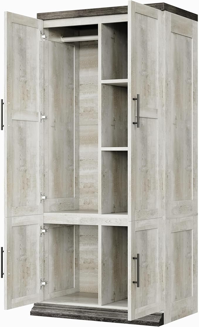 LIKIMIO Large Wardrobe Closet, Farmhouse Clothing Storage Cabinet with Hanging Rod and 2 Doors, Wooden Tall Bedroom Armoires with Storage Shelves, Rustic White