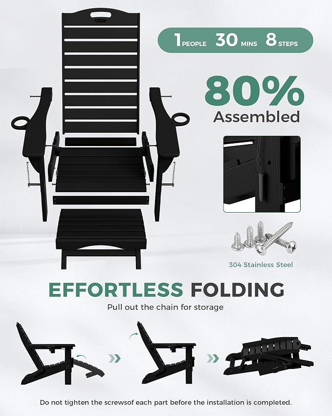 Folding Adirondack Chairs Set of 2,Adirondack Chair with Retractable Ottoman,Plastic Adirondack Chairs with 2 Cup Holder,Weather Resistant Patio Chair,Outdoor Chairs Set of 2(Black) - Image 7
