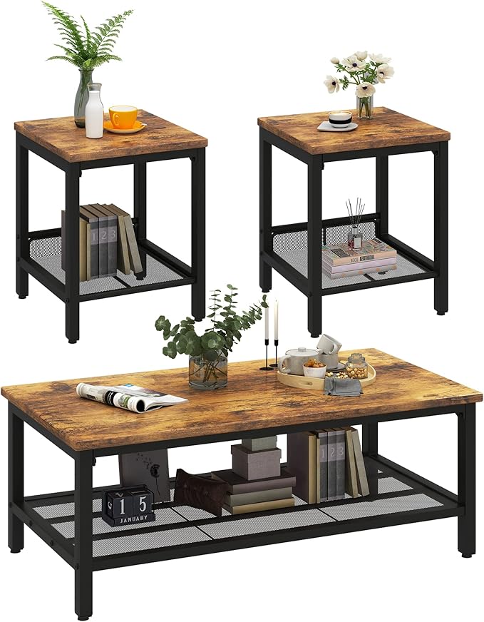 Lamerge 3 Pieces Living Room Table Set, Industrial Coffee Table with 2 Square End Side Tables, Coffee Table Set with Metal Frame for Apartment Home Office, Rustic Brown