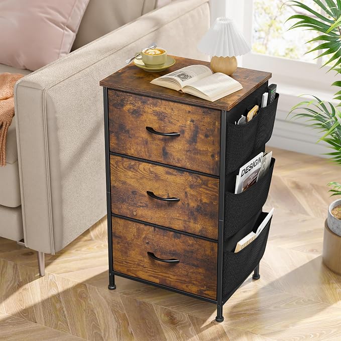 Night Stand Set 2,Night Stand with Drawers for Bedroom,Bedside Table with Wooden Top,Sturdy Steel Frame End Table,Dorm Small Nightstand for Bedroom,Entryway,Hallway,Cloth Bags,Hooks,Rustic Brown - Image 8