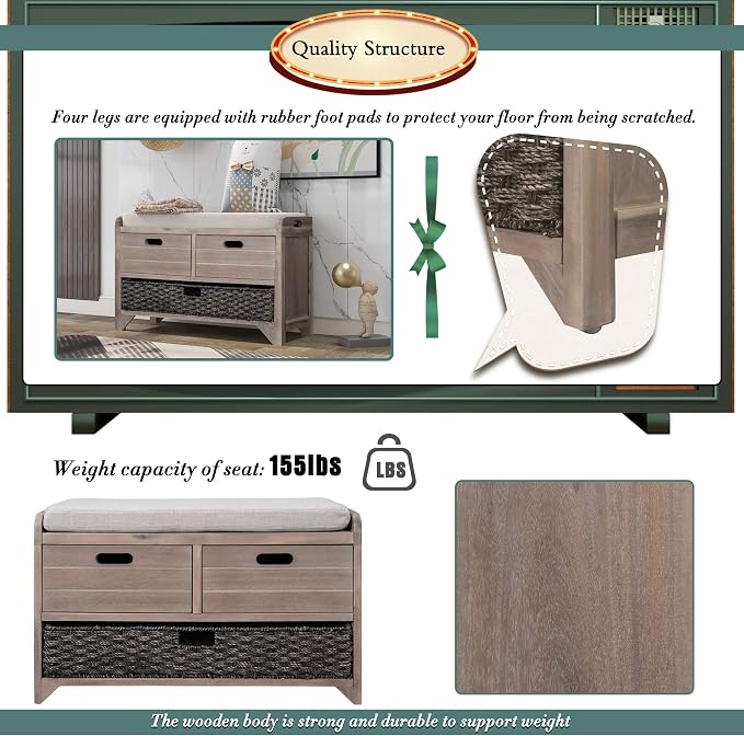 SOFTSEA Storage Bench for Entryway, Upholstered Storage Ottoman with Removable Basket and 2 Drawers, Farmhouse Shoe Bench with Seat Cushion for Entryway, Living Room, Full Assembled, White Wash - Image 8