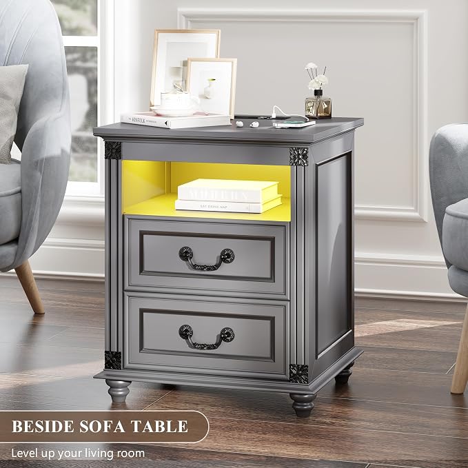 Nightstand Set of 2 with Charging Station, Night Stand with 3 Color LED Lights, Side Table with 2 Drawers Storage, Bedside EndTable with 4 Solid Wood Feet for Bedroom, Grey - Image 9