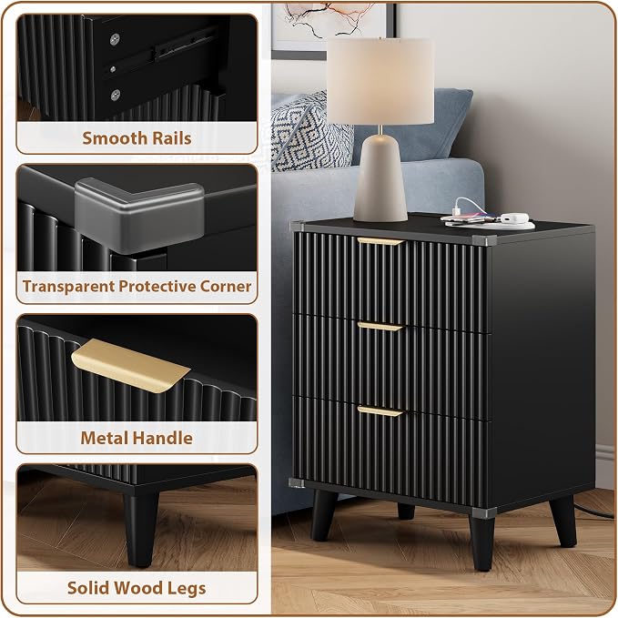 Lulive Wood Nightstand Set of 2 with Charging Station, 3 Drawers Fluted Design, Modern End Table for Bedroom Black - Image 7