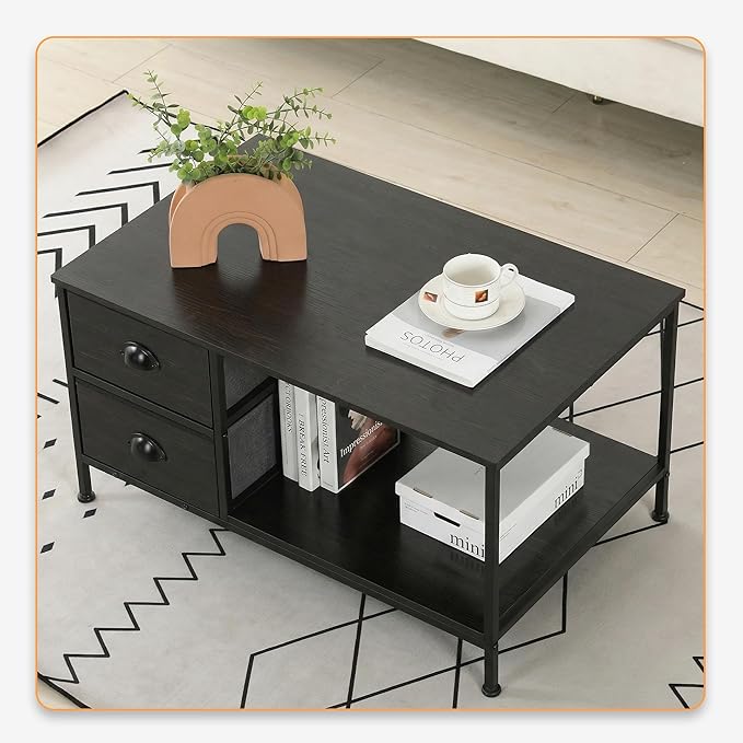 SENIG Coffee Table with Drawers, Coffee Table for Living Room, 2-Tier Coffee Tables with Storage Drawers,Oak Coffee Tables for Small Spaces, Rectangle Wood Table, Metal Side End Table