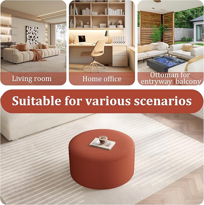 Round Coffee Table 32" Ottoman for Corduroy Cloud Sectional Couches in a Box Memory Foam Compressed Pouf Footstool Rest for Living Room, Bedroom, Makeup Room No Assembly Require (Orange, 32")
