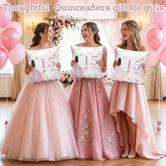 Kathfly Cojines para 15 Años De Quinceañera Decoration 16 x 16 Inche Pink Quinceañera Pillow Gifts Mis Xv Años Throw Pillow Sweet for Daughter Sister Friend 15th Birthday Gifts