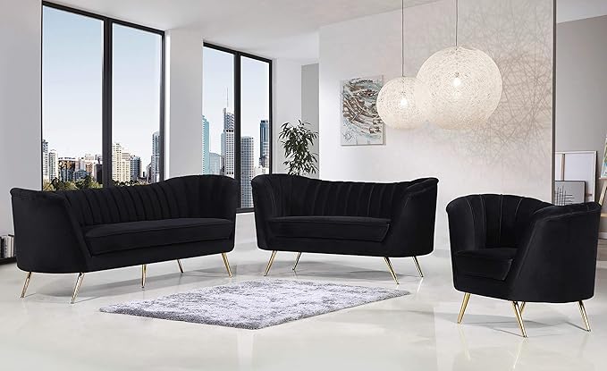 Meridian Furniture Margo Collection Modern | Contemporary Velvet Upholstered Loveseat with Deep Channel Tufting and Rich Gold Stainless Steel Legs, Black, 65" W x 30" D x 33" H