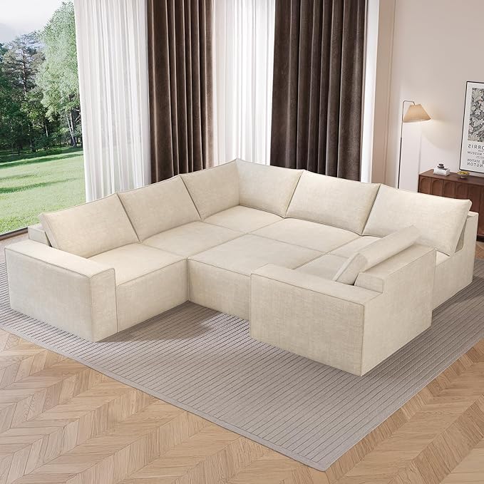 Vesgantti 143.7" Boneless Couch for Living Room, 6 Seater Modular Sectional Sofa with Ottoman & Deep Seat, Convertible Chenille Oversized Cloud Couches, No Assembly Required, Beige