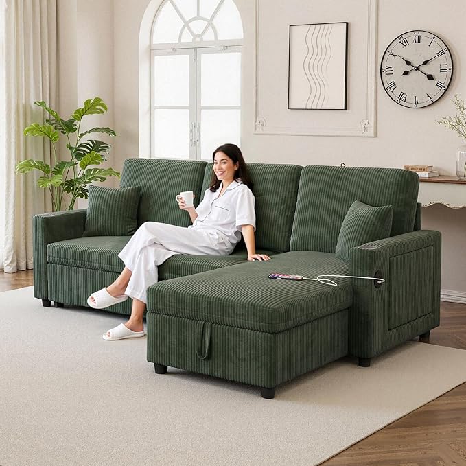 L-Shape Sleeper Sofa with Storage & Ports, Pull-Out Couch Bed with Cup Holders, Side Pockets & Side Table for Living Room, Apartment, Green