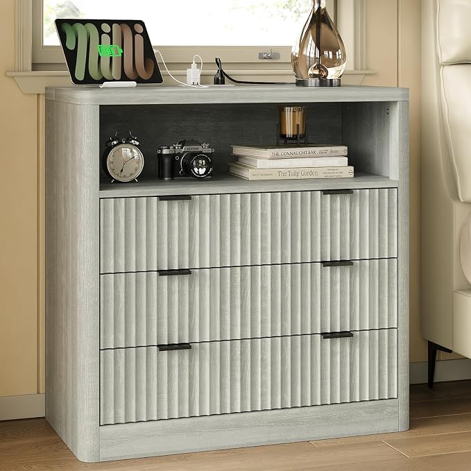 FUSOU Fluted Nightstands Set of 2, Night Stand with Charging Station and LED Lights, Modern Bedside Table with 3 Drawers and Open Shelf, End Table with Storage, Night Stand for Bedroom, Grey - Image 9