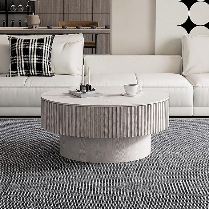 Round Coffee Table with Storage, Modern Wooden Coffee Table with Solid Wood Veneered, Circle Center Table Accent Tea Table for Living Room Small Space (31.5''L × 31.5''W × 14''H, Retro White)