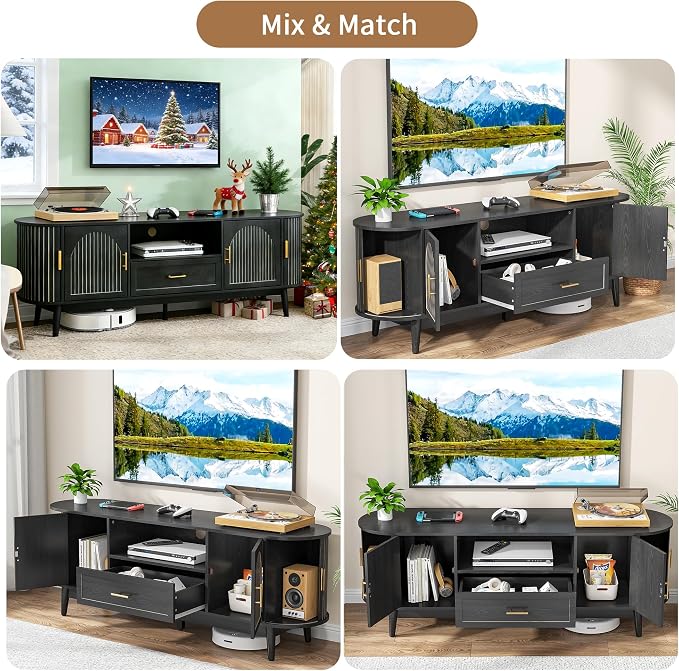 70" Fluted TV Stand for Tvs up to 80", Mid-Century Modern Entertainment Center with Drawers and Fluted Doors, Curved TV Media Console Table with Sliding Doors for Living Room, Bedroom (70" Black) - Image 7