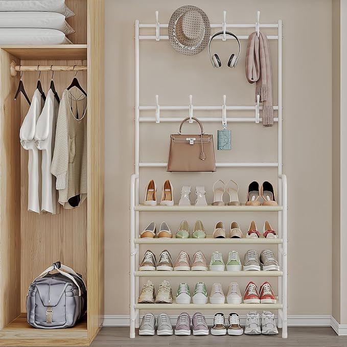 Coat Rack Shoe Rack With Storage Shelf Freestanding with 8 Hooks for Entryway Bedroom Closet (White, 4Tiers) - Image 6