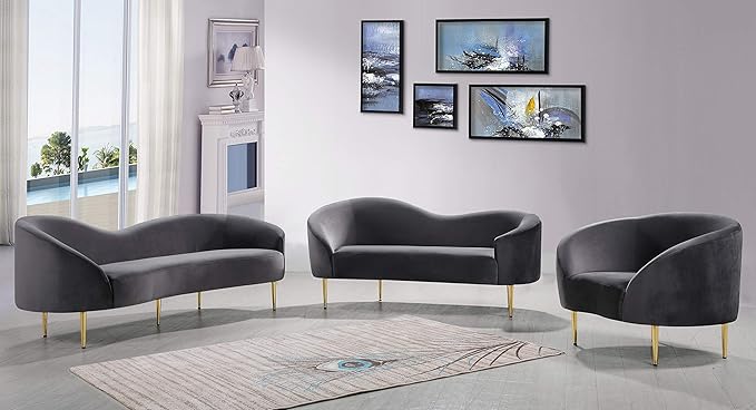 Meridian Furniture Ritz Collection Modern | Contemporary Velvet Upholstered Loveseat with Sturdy Metal Legs in Rich Gold Finish, Grey, 67" W x 31.75" D x 30.5" H