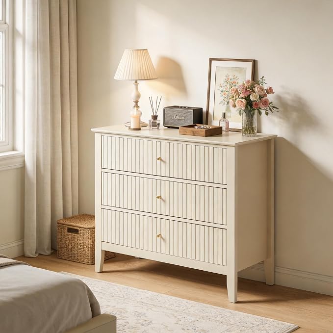 RoyalCraft Beige Fluted 3 Drawer Dresser, 32 inch Wide Dresser Nightstand for Bedroom, Modern Wood Chest of Drawers, Large Painted Nightstand with 3 Drawers for Closet, Hallway, Entryway - Image 9