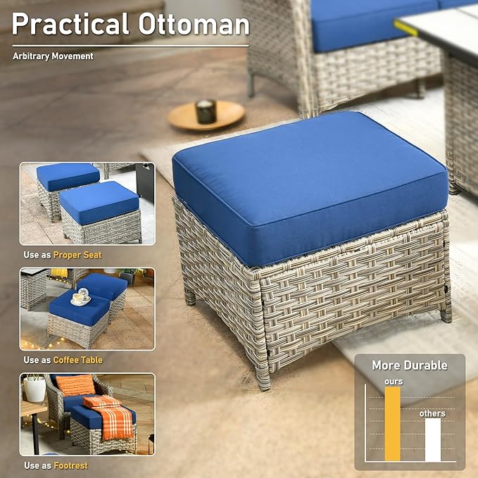 HOOOWOOO 6 Piece Patio Furniture Conversation Sets with Sola Light Table,Outdoor Wicker Furniture with Ottoman, All Weather Resistant Outside High Back Rattan Patio Set(Navy Blue)