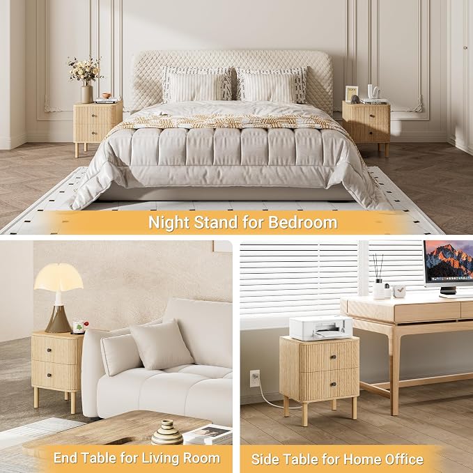 Fluted Nightstand, Modern Night Stand, 2 Drawers Nightstand with Charging Station, Wooden End Table Rounded Corners & Solid Wood Legs, Bedside Table for Bedroom Sofa Home Office,Natural Oak - Image 8